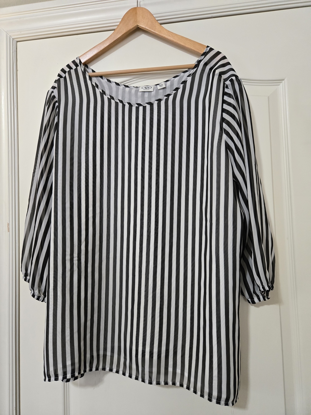 Cato Black and White Vertical Stripe Blouse Sheer With Lining And Bow Detail